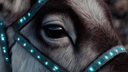 Close-up of a horse's eye with a glittery turquoise LED halter, blue-green lights reflecting on its fur. Concept Close-up horse eye portrait, Glittery turquoise LED halter