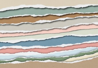 Torn paper layers in various pastel colors, creating a textured background.