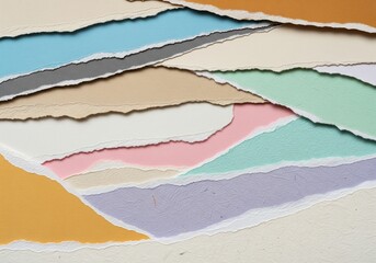 Abstract background of torn paper in various pastel colors layered on top of each other.