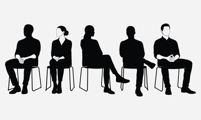 Set of black vector silhouettes showing a diverse group of men and women sitting on simple chairs in a row