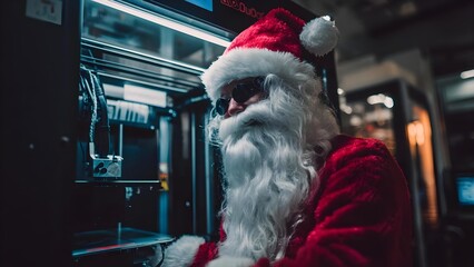 Santa Claus in sunglasses inspects a large industrial machine in a blue-lit setting. Concept Santa in sunglasses, Industrial machine inspection, Blue-lit setting, Festive tech exploration