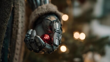 A metallic robotic hand holding a shiny red orb, with warm bokeh lights in the background. Concept Robotic hand close-up, Shiny red orb, Warm bokeh lights, Futuristic macro, Industrial chrome