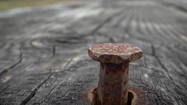 Detailed macro footage of a weathered rusty metal bolt head piercing through old wooden planks emphasizing rich textures and natural signs of decay and corrosio