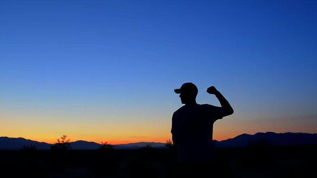 Vibrant Sunset Jog Silhouette of a Man Running Against a Colorful Twilight Sky and Majestic Mountains Capturing Outdoor Fitness and Adventure