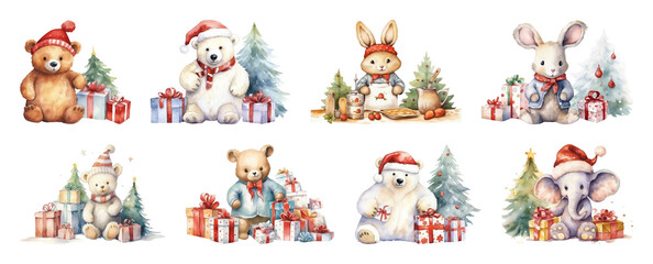 Fototapeta premium PNG Adorable festive animal illustrations, element set on transparent background