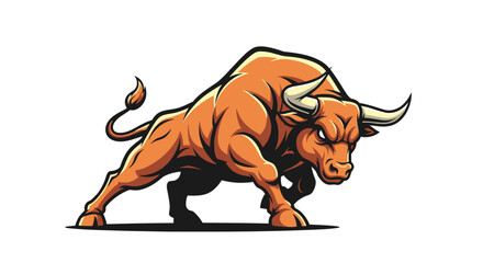 Obraz premium A stylized, orange illustration depicts a muscular bull, posed aggressively with horns out, embodying strength and determination.