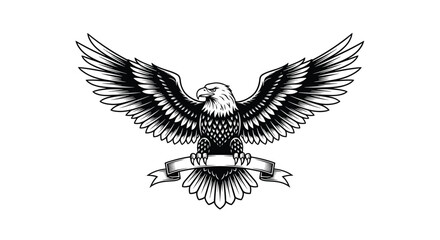 Obraz premium A majestic bald eagle with powerful, outstretched wings gripping a blank banner, presented in a classic black and white illustrative design.