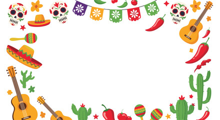 Obraz premium Festive border frame adorned with traditional Mexican cultural symbols like sugar skulls, sombreros, guitars, and chili peppers, on a white background.