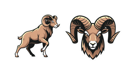 Stylized illustrations of a powerful ram, featuring a dynamic full-body pose and a detailed headshot with impressive curled horns, perfect for a mascot.