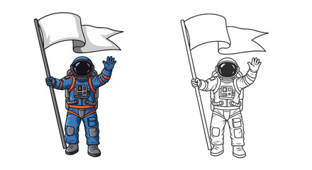 Color and line art drawings of an astronaut holding a white flag and waving.