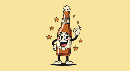 Vintage cartoon beer bottle character smiling and making an okay gesture, surrounded by stars on a light yellow background.