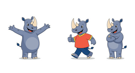 Three cartoon rhinos in different poses on a white background.