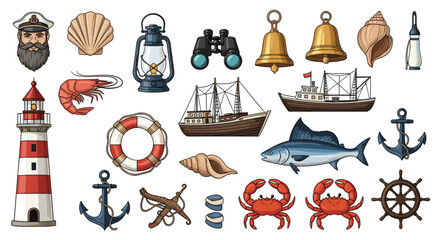 Nautical themed collection of maritime objects and sea creatures on a white background.