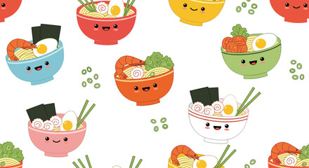 Cute ramen bowls pattern on white background, food design concept for textiles, prints, and backgrounds.