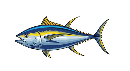 Vibrant illustration of a tuna fish, a marine creature, displayed against a clean white background, showcasing its impressive size and detailed anatomy in bright colors.