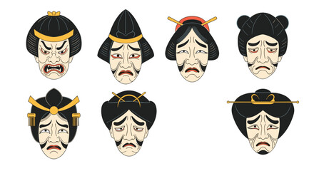 Traditional Japanese Kabuki and Noh masks illustrating various emotions and character types, including male and female faces with elaborate hairstyles.