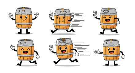 Six cartoon barrels with arms and legs in different poses and expressions, isolated on a white background.