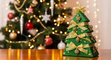 Small green sparkly Christmas tree with gold bows and star on a shiny surface bokeh lights  blurred tree background