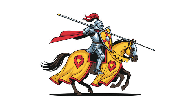 A knight in shining armor rides a horse with a lance and shield ready for battle.