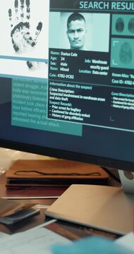 Detective hands, evidence or computer screen with suspect, criminal investigation or research info. Police officer, person or tech database with arson crime, DNA and fingerprint for identity results.