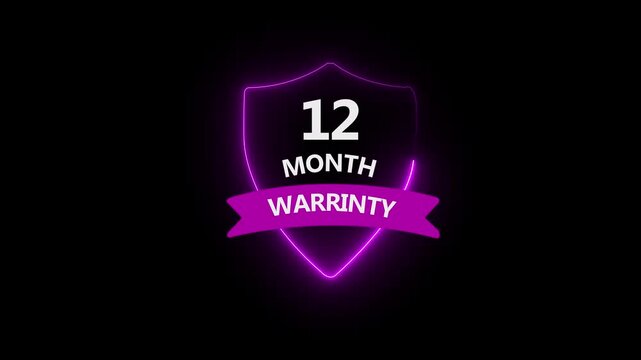 12 months neon warranty concept, month Warranty Support service icon, 12 month Warranty Stamp Imprint Seal Template. Text Animation. with black background and 4k video animation .