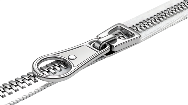 Metal slider zipper cut out isolated on white background. AI GENERATED.