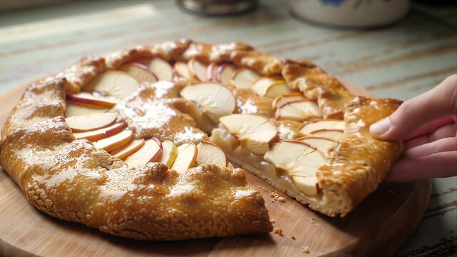 Freshly baked rustic apple galette with a golden flaky crust and sweet fruit filling a hand reaching for a slice on a wooden cutting board delectable homemade d
