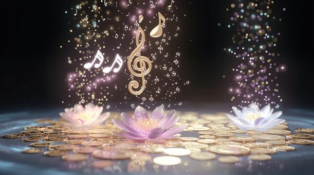 Animated 3D scene of Lakshmi&rsquo;s coins, Saraswati&rsquo;s music notes, and Parvati&rsquo;s flowers transforming into glowing spiritual energy, symbolizing wealth, wisdom, and divine harmony.
