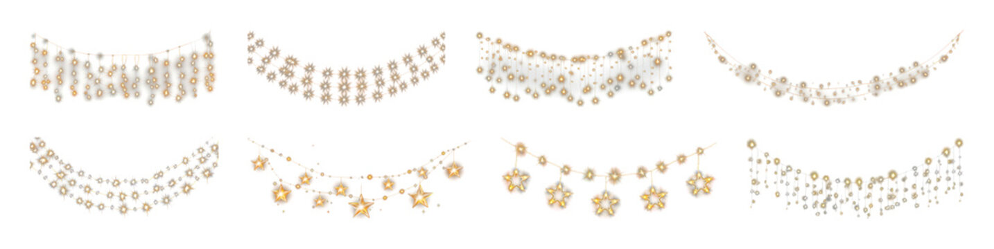 PNG Golden star string lights decoration, element set on transparent background