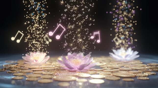 Animated 3D scene of Lakshmi&rsquo;s coins, Saraswati&rsquo;s music notes, and Parvati&rsquo;s flowers transforming into glowing spiritual energy, symbolizing wealth, wisdom, and divine harmony.
