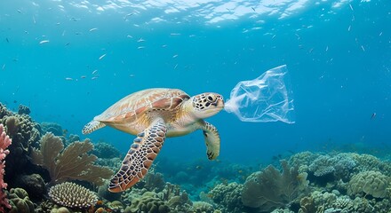 Sea Turtle Using Plastic Bag As Breathing Tool in Underwater Coral Reef Scene