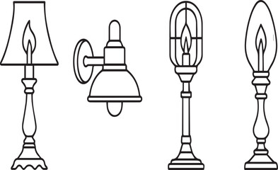 Collection of vintage lamp isolated on white background set of lighting fixtures with classic design for interior decoration and illumination