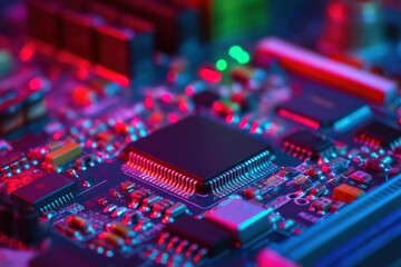 Electronics manufacturing assembly, Vibrant close-up of a circuit board with neon colors and components.