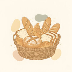 Basket with assorted bread watercolor illustration