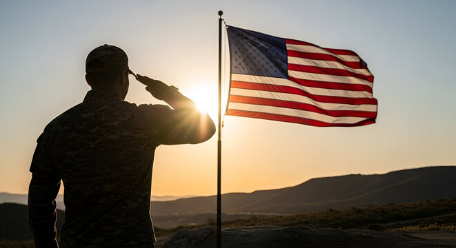 Silhouette of Soldier Saluting American Flag at Sunset