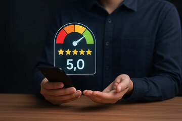 A person holds a smartphone displaying a glowing speedometer with a 5.0 score and five stars, representing high performance, excellent customer service rating, and quality evaluation