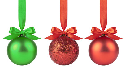 Three decorative christmas ornaments in green and red colors hanging with bows on a white background cutout