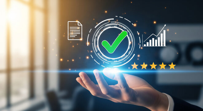 Professional businessman's hand holding digital concept icons representing quality, assurance, success, checkmark, performance, graph, and excellent five star rating in technology interface - Powered by Adobe