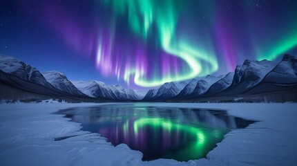 Stunning aurora borealis over snow covered mountains reflecting in icy lake