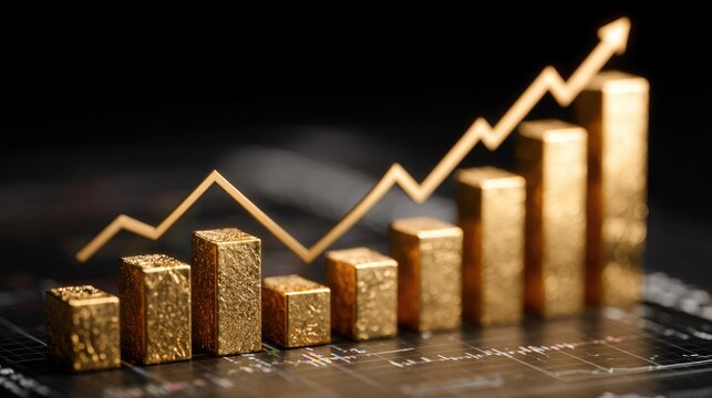 Golden bar chart with rising line showing business success and growth