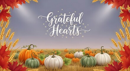 Thanksgiving pumpkins field with maple leaves and wheat, displaying grateful hearts for the holiday