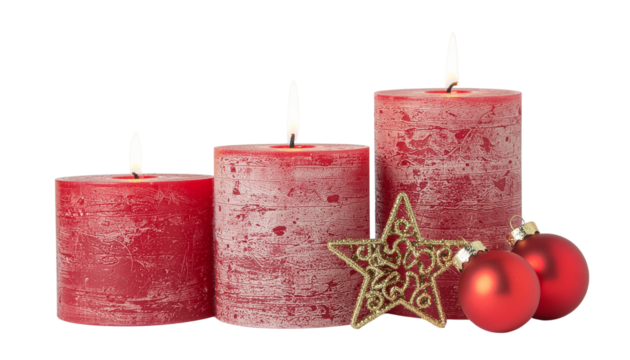 Three red, textured candles of varying heights are grouped with a gold star and two red ornaments; no background