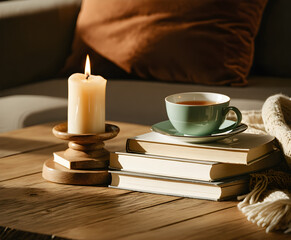 Cozy hygge still life with books, candle and cup of tea on wooden table