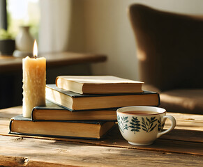 Cozy hygge still life with books, candle and cup of tea on wooden table