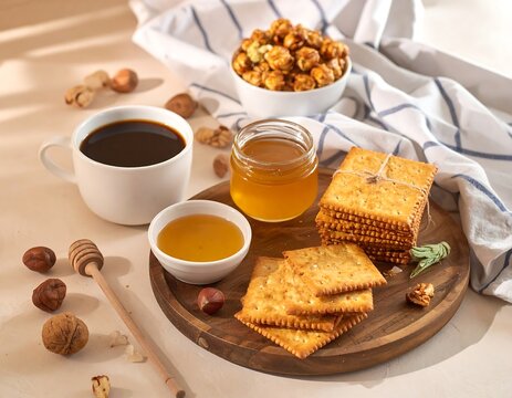 Breakfast spread coffee, crackers, nuts, and honey