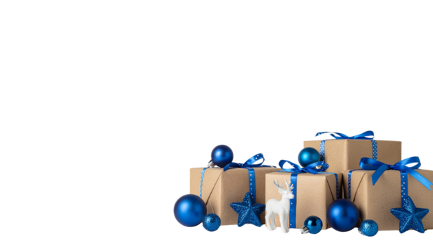 Christmas gifts stacked with blue ornaments and ribbons, plus a small deer figurine transparent png