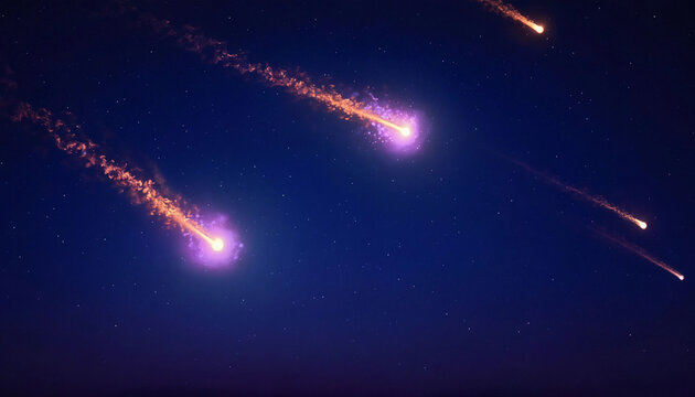 comete fiammeggianti solcano il cielo stellato notturno, Flaming comets streak across the starry night sky