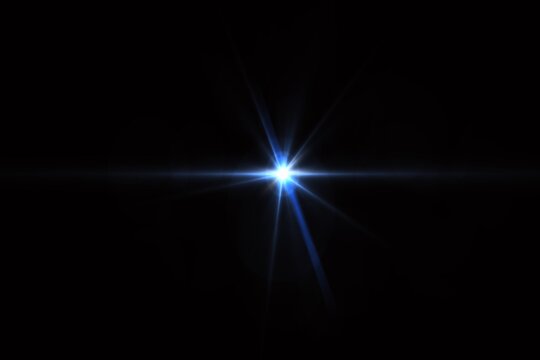 Bright Blue Light Burst with Star Rays Isolated on Black​, Radiant Starburst Flare with Lens Effect​, Glowing Blue Star Explosion, Sparkle Light Effect