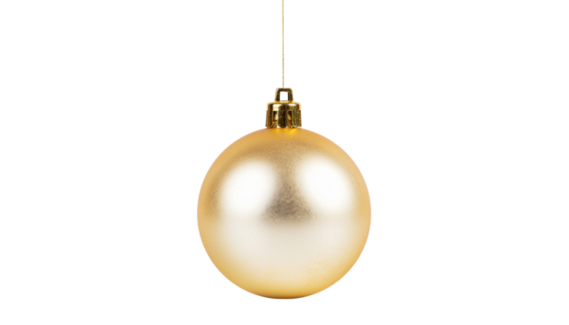 A shiny gold christmas ornament hanging from a thin string with a gold cap, centered on a white background