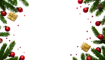 Christmas frame with fir branches, red ornaments, gold gift boxes, and red beads isolated on white background